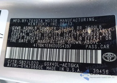 2013 Toyota Avalon Xle z USA, uszkodzony, nr VIN 4T1BK1EB6DU054397